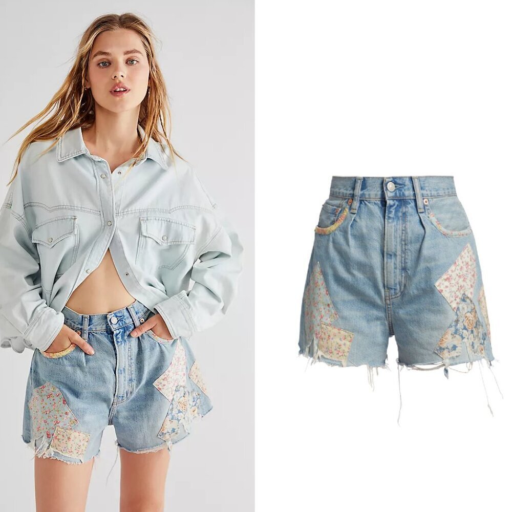 Free People Denimist Brooke Shorts in Patchwork Denim 27 NWT